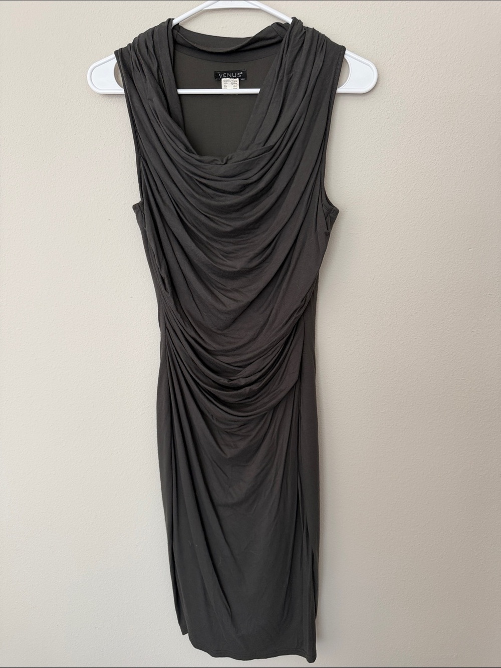 VENUS Ruched Cowl Neck Charcoal Draped Sleeveless Sheath Dress